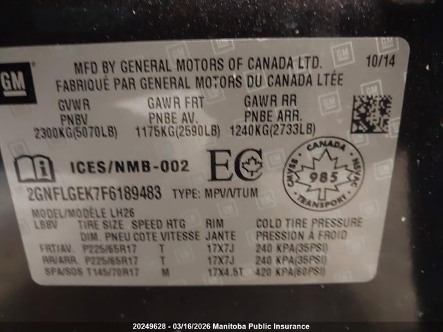 20249628 :رقم المزاد ، 2GNFLGEK7F6189483 vin ، 2015 Chevrolet Equinox Lt مزاد بيع