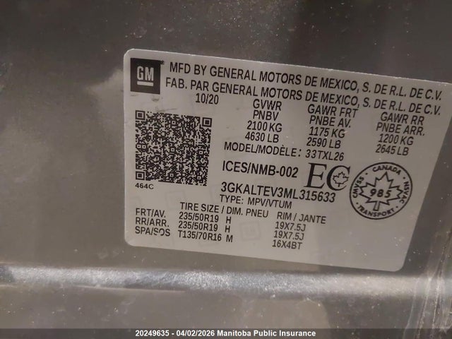 20249635 :رقم المزاد ، 3GKALTEV3ML315633 vin ، 2021 Gmc Terrain Sle مزاد بيع