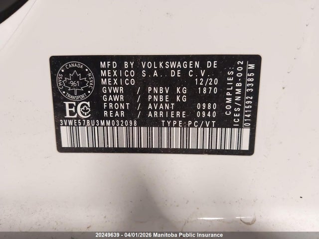 20249639 :رقم المزاد ، 3VWE57BU3MM032098 vin ، 2021 Volkswagen Jetta Highline 1.4 Tsi مزاد بيع