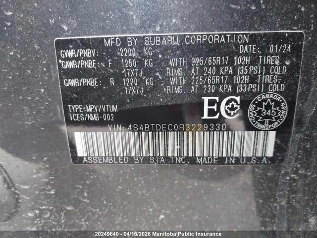 Aukcja sprzedaży 2024 Subaru Outback 2.5i Touring, vin: 4S4BTDEC0R3229330, numer aukcji: 20249640
