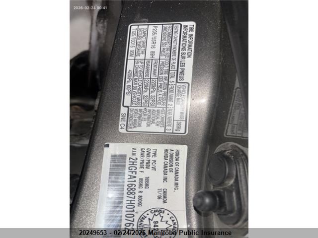 Продаж на аукціоні авто 2007 Honda Civic Ex, vin: 2HGFA16887H010762, номер лоту: 20249653