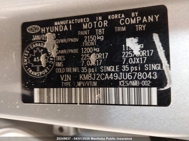 20249657 :رقم المزاد ، KM8J2CA49JU678043 vin ، 2018 Hyundai Tucson مزاد بيع