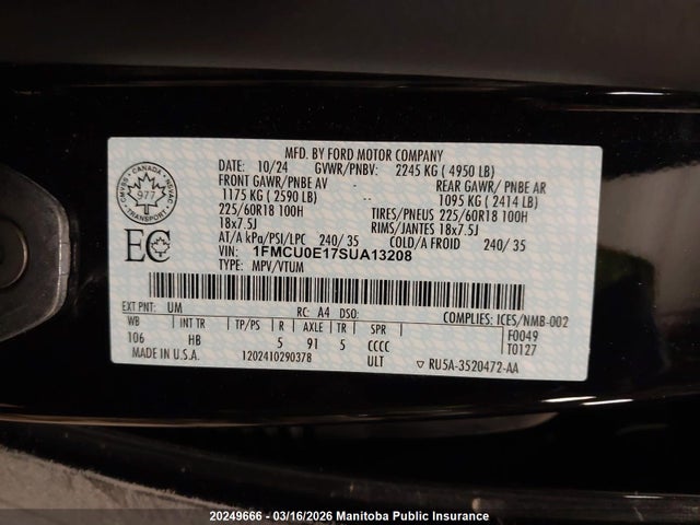 2025 Ford Escape Phev მანქანა იყიდება აუქციონზე, vin: 1FMCU0E17SUA13208, აუქციონის ნომერი: 20249666