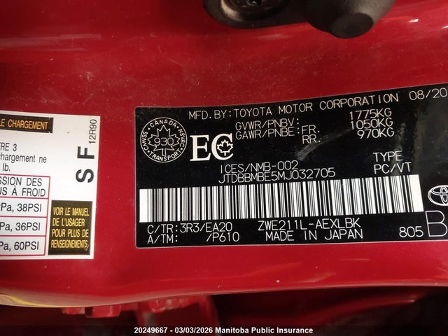Toyota Corolla Hybrid 2021 JTDBBMBE5MJ032705 Image 8