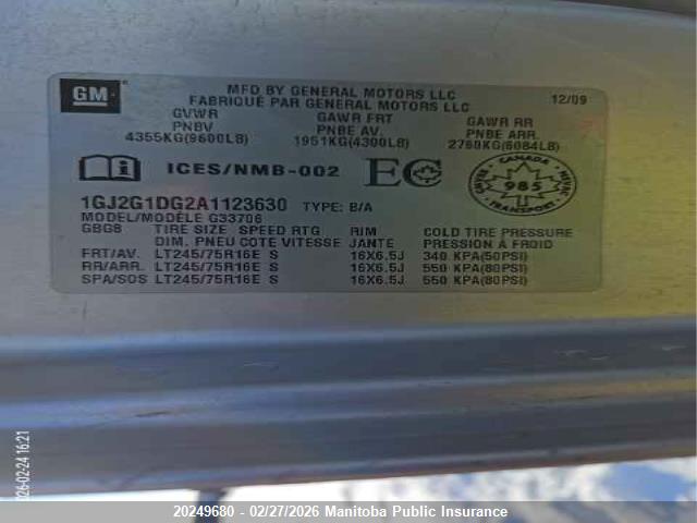 Aukcja sprzedaży 2010 Gmc Savana 3500 Sle Ext, vin: 1GJ2G1DG2A1123630, numer aukcji: 20249680