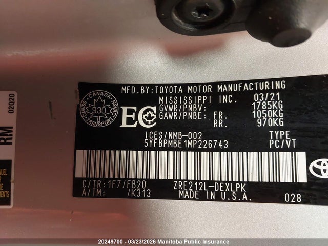 Aukcja sprzedaży 2021 Toyota Corolla Le, vin: 5YFBPMBE1MP226743, numer aukcji: 20249700