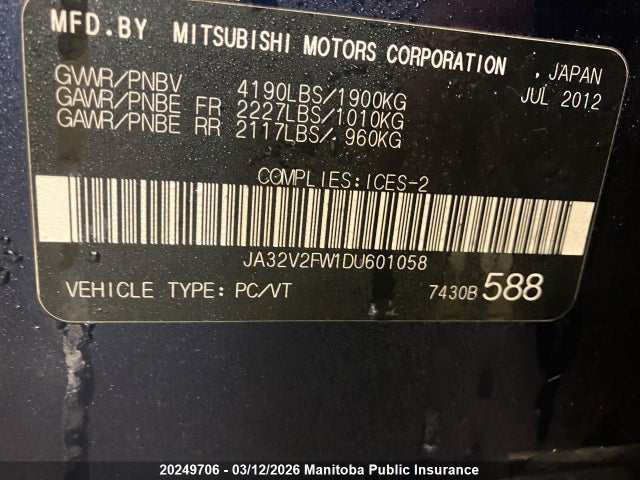 Продаж на аукціоні авто 2013 Mitsubishi Lancer Gt, vin: JA32V2FW1DU601058, номер лоту: 20249706