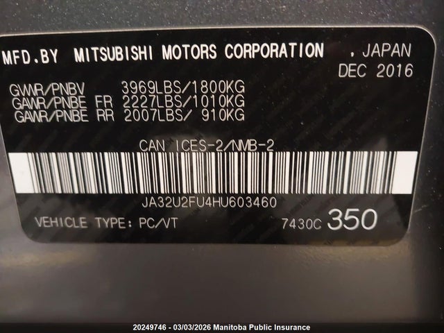 JA32U2FU4HU603460 Mitsubishi Lancer Se