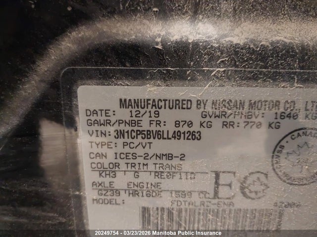 3N1CP5BV6LL491263 Nissan KICKS S