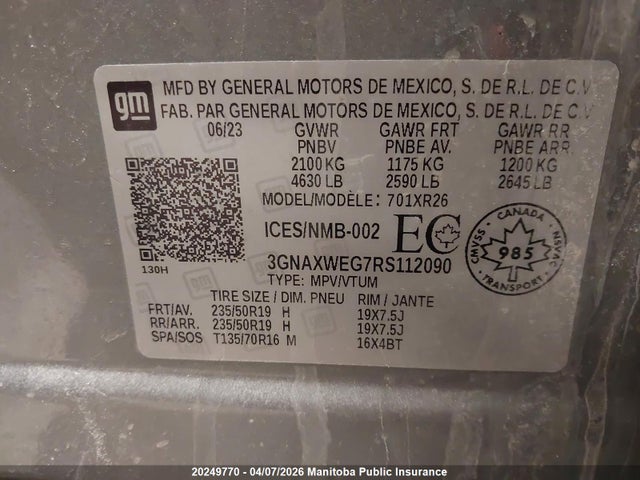 Aukcja sprzedaży 2024 Chevrolet Equinox Rs, vin: 3GNAXWEG7RS112090, numer aukcji: 20249770