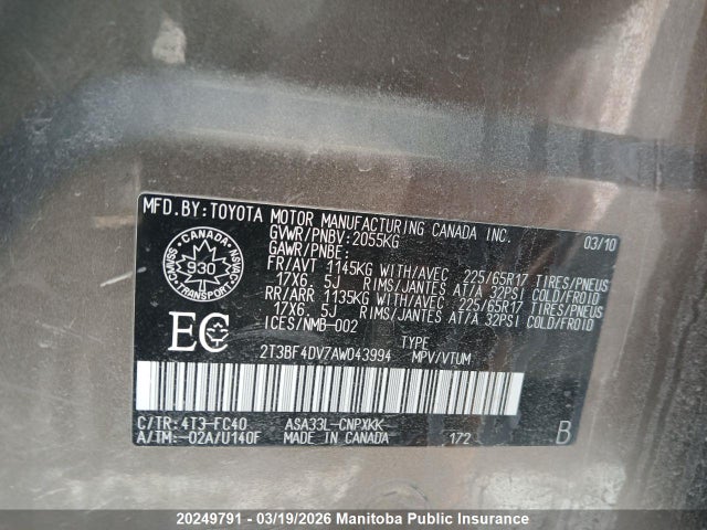 Aukcja sprzedaży 2010 Toyota Rav4, vin: 2T3BF4DV7AW043994, numer aukcji: 20249791