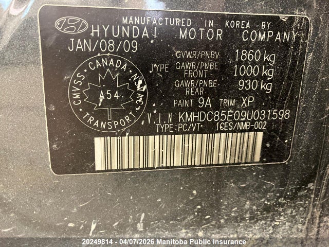 Aukcja sprzedaży 2009 Hyundai Elantra Touring Gl, vin: KMHDC85E09U031598, numer aukcji: 20249814