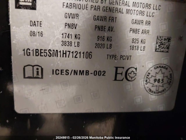 1G1BE5SM1H7121106 Chevrolet Cruze Lt Turbo
