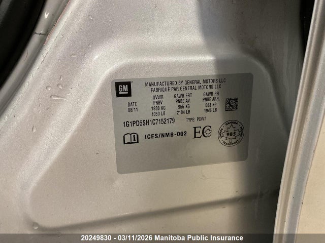 20249830 :رقم المزاد ، 1G1PD5SH1C7152179 vin ، 2012 Chevrolet Cruze Ls مزاد بيع