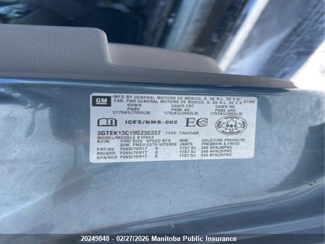 Aukcja sprzedaży 2009 Gmc Sierra 1500 Sl/sle/wt, vin: 3GTEK13C19G236337, numer aukcji: 20249848