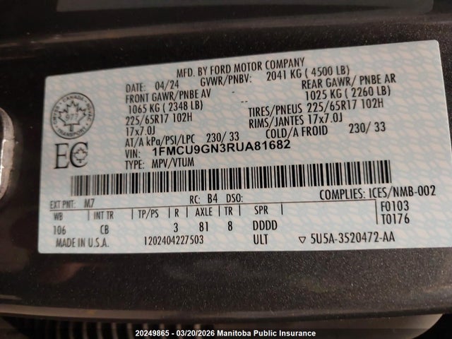 Aukcja sprzedaży 2024 Ford Escape Active, vin: 1FMCU9GN3RUA81682, numer aukcji: 20249865