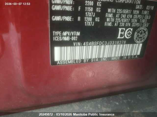 4S4BSFDC3J3318278 Subaru Outback 3.6r Limited