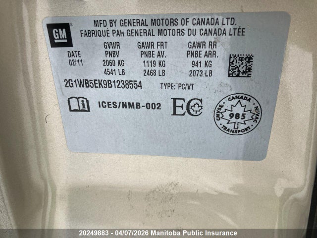 Aukcja sprzedaży 2011 Chevrolet Impala Lt V6, vin: 2G1WB5EK9B1238554, numer aukcji: 20249883