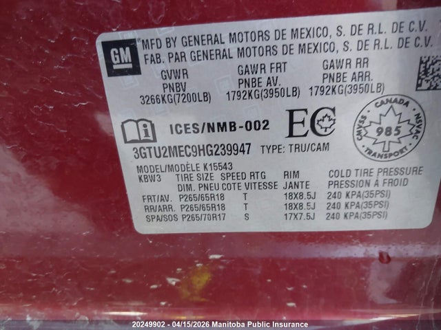 Продажа на аукционе авто 2017 Gmc Sierra 1500 Sle Crew Cab, vin: 3GTU2MEC9HG239947, номер лота: 20249902
