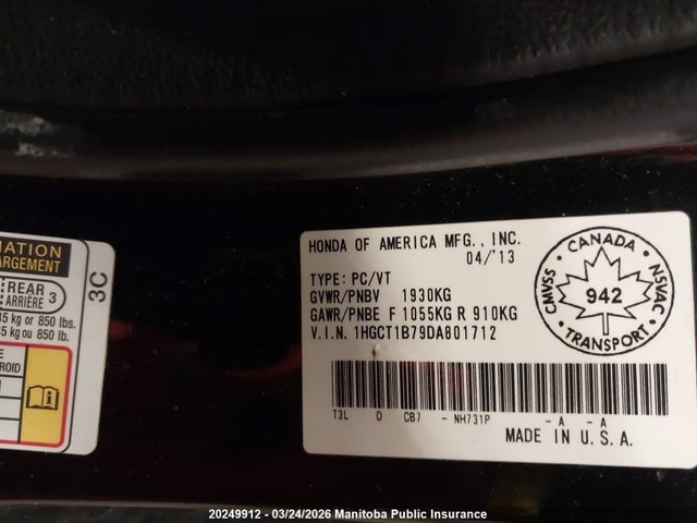 20249912 :رقم المزاد ، 1HGCT1B79DA801712 vin ، 2013 Honda Accord Ex مزاد بيع