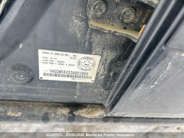 Aukcja sprzedaży 2003 Honda Accord Lx, vin: 1HGCM56433A802888, numer aukcji: 20249953