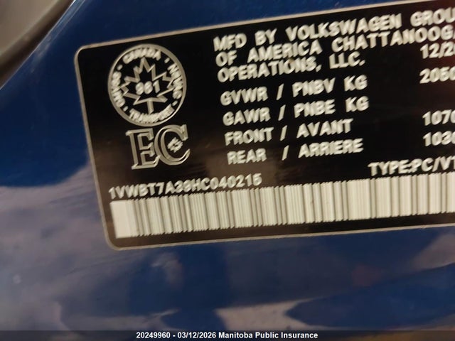 20249960 :رقم المزاد ، 1VWBT7A39HC040215 vin ، 2017 Volkswagen Passat 1.8 Tsi مزاد بيع
