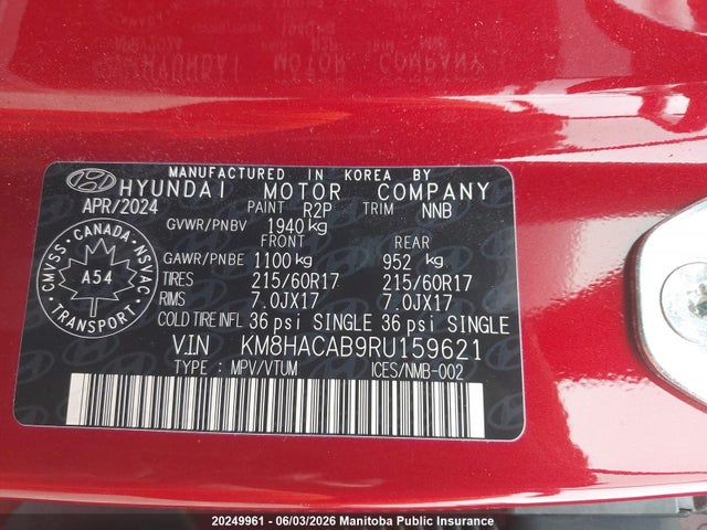 2024 Hyundai Kona Essential მანქანა იყიდება აუქციონზე, vin: KM8HACAB9RU159621, აუქციონის ნომერი: 20249961