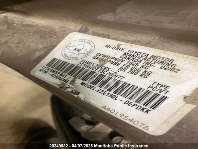 20249982 :رقم المزاد ، 2T1BR32E73C705977 vin ، 2003 Toyota Corolla Ce مزاد بيع