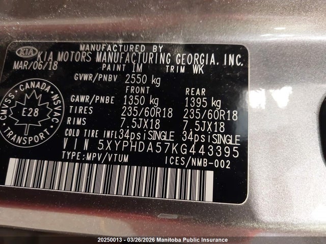 20250013 :رقم المزاد ، 5XYPHDA57KG443395 vin ، 2019 Kia Sorento Ex V6 مزاد بيع