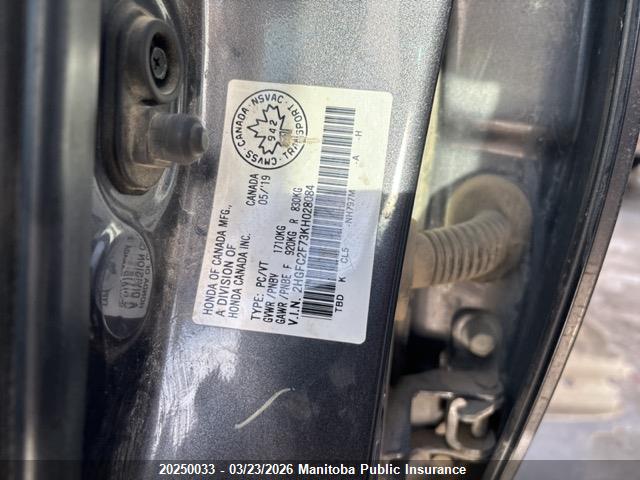 20250033 :رقم المزاد ، 2HGFC2F73KH028084 vin ، 2019 Honda Civic Ex مزاد بيع