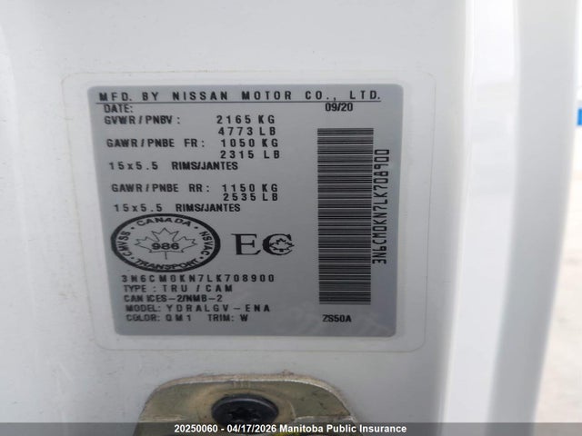Продажа на аукционе авто 2020 Nissan Nv 200 Sv Cargo Van, vin: 3N6CM0KN7LK708900, номер лота: 20250060