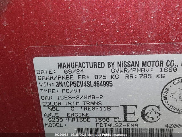 Продажа на аукционе авто 2025 Nissan Kicks Play Sv, vin: 3N1CP5CV4SL464995, номер лота: 20250062