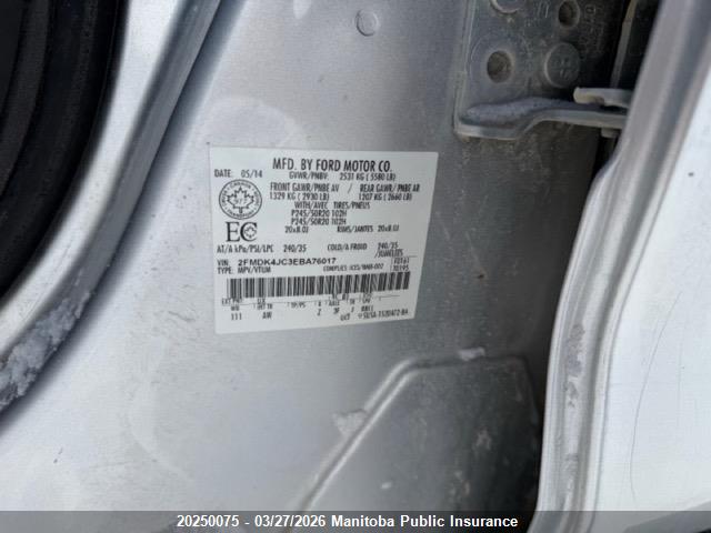 20250075 :رقم المزاد ، 2FMDK4JC3EBA76017 vin ، 2014 Ford Edge Se مزاد بيع