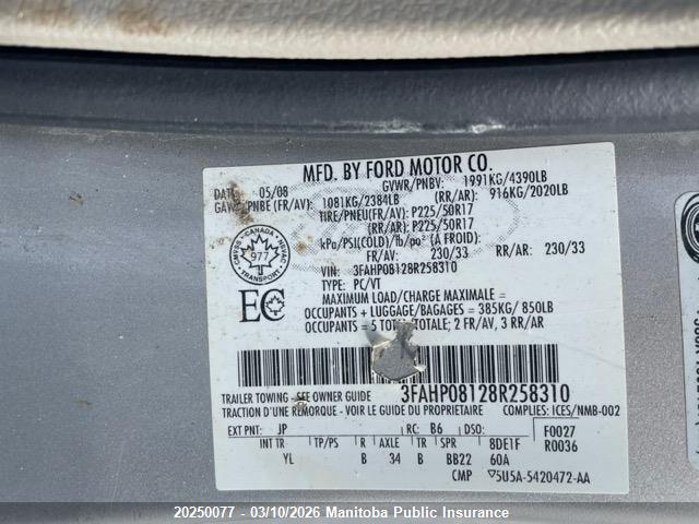 20250077 :رقم المزاد ، 3FAHP08128R258310 vin ، 2008 Ford Fusion Sel V6 مزاد بيع
