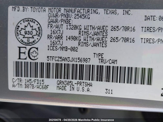 5TFCZ5AN3JX156987 Toyota Tacoma Double Cab V6