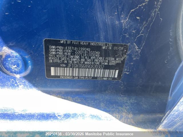 Aukcja sprzedaży 2009 Subaru Impreza Wrx 265, vin: JF1GH76689G820302, numer aukcji: 20250138