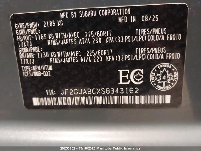 20250152 :رقم المزاد ، JF2GUABCXS8343162 vin ، 2025 Subaru Crosstrek مزاد بيع