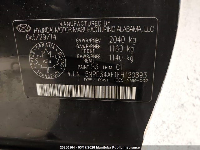 Aukcja sprzedaży 2015 Hyundai Sonata Gl, vin: 5NPE34AF1FH120893, numer aukcji: 20250164