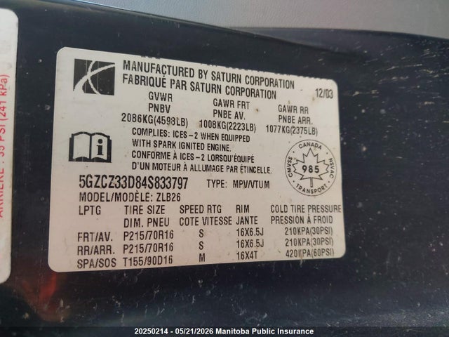 Aukcja sprzedaży 2004 Saturn Vue, vin: 5GZCZ33D84S833797, numer aukcji: 20250214