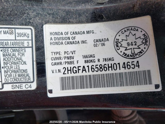 Aukcja sprzedaży 2006 Honda Civic Lx, vin: 2HGFA16586H014654, numer aukcji: 20250220