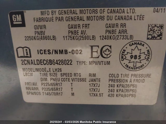 Aukcja sprzedaży 2011 Chevrolet Equinox Lt, vin: 2CNALDEC6B6428022, numer aukcji: 20250241