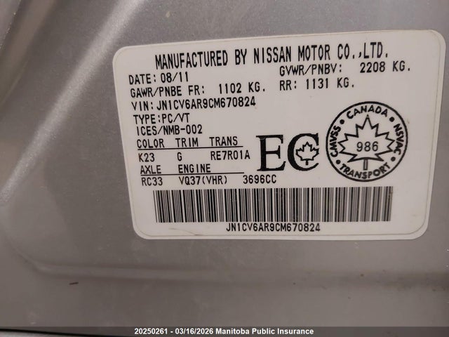 Aukcja sprzedaży 2012 Infiniti G37x, vin: JN1CV6AR9CM670824, numer aukcji: 20250261