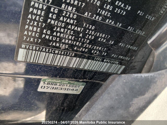 20250274 :رقم المزاد ، WVGBV7AX3CW561739 vin ، 2012 Volkswagen Tiguan 2.0 Tsi مزاد بيع
