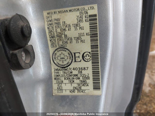 Aukcja sprzedaży 2007 Nissan Frontier Nismo King Cab V6, vin: 1N6AD06W17C403687, numer aukcji: 20250276