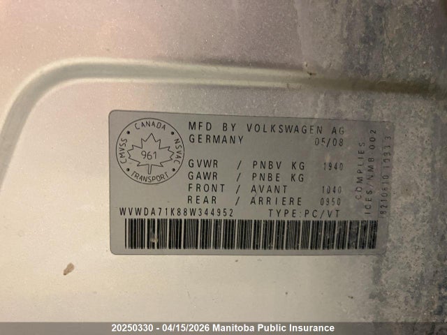 20250330 :رقم المزاد ، WVWDA71K88W344952 vin ، 2008 Volkswagen Rabbit 2.5 مزاد بيع