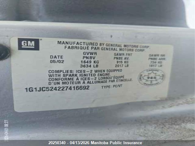 Продаж на аукціоні авто 2002 Chevrolet Cavalier, vin: 1G1JC524227416692, номер лоту: 20250340