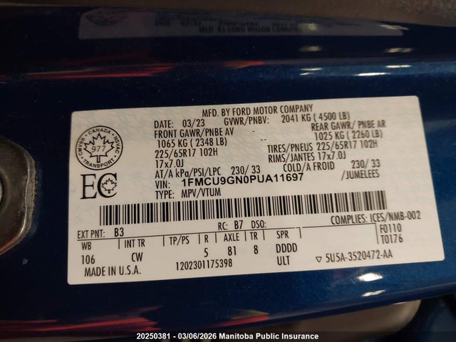 20250381 :رقم المزاد ، 1FMCU9GN0PUA11697 vin ، 2023 Ford Escape Active مزاد بيع