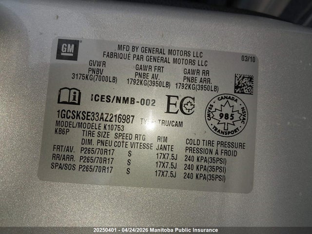 Aukcja sprzedaży 2010 Chevrolet Silverado 1500 Lt Ext Cab, vin: 1GCSKSE33AZ216987, numer aukcji: 20250401