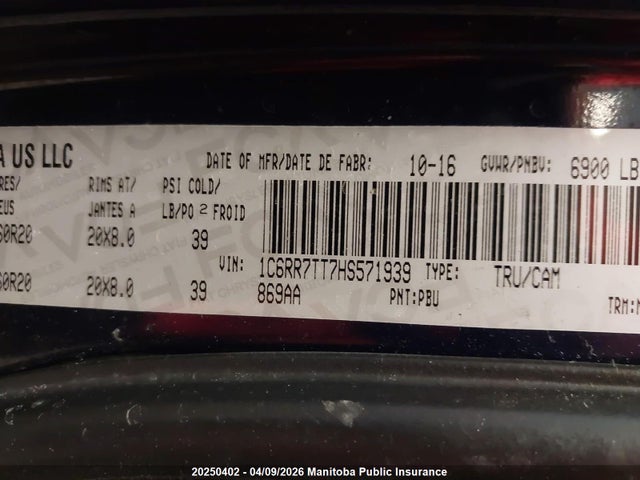 1C6RR7TT7HS571939 Dodge Ram 1500 Slt Crew Cab