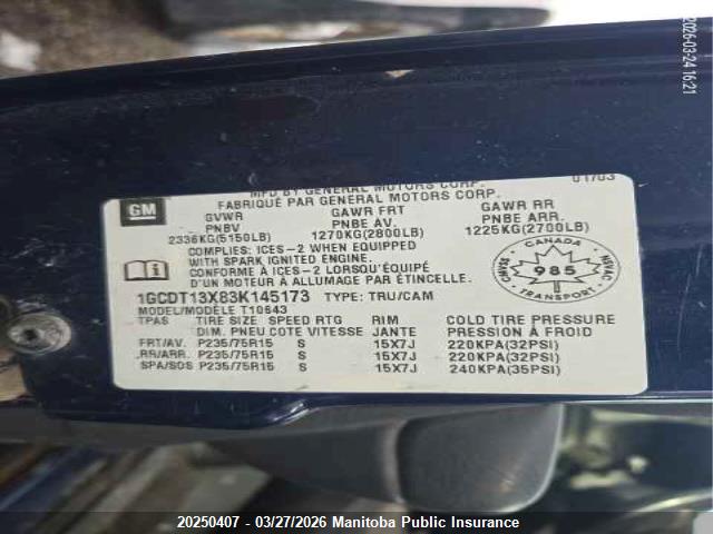 Продаж на аукціоні авто 2003 Chevrolet S10 Crew Cab, vin: 1GCDT13X83K145173, номер лоту: 20250407